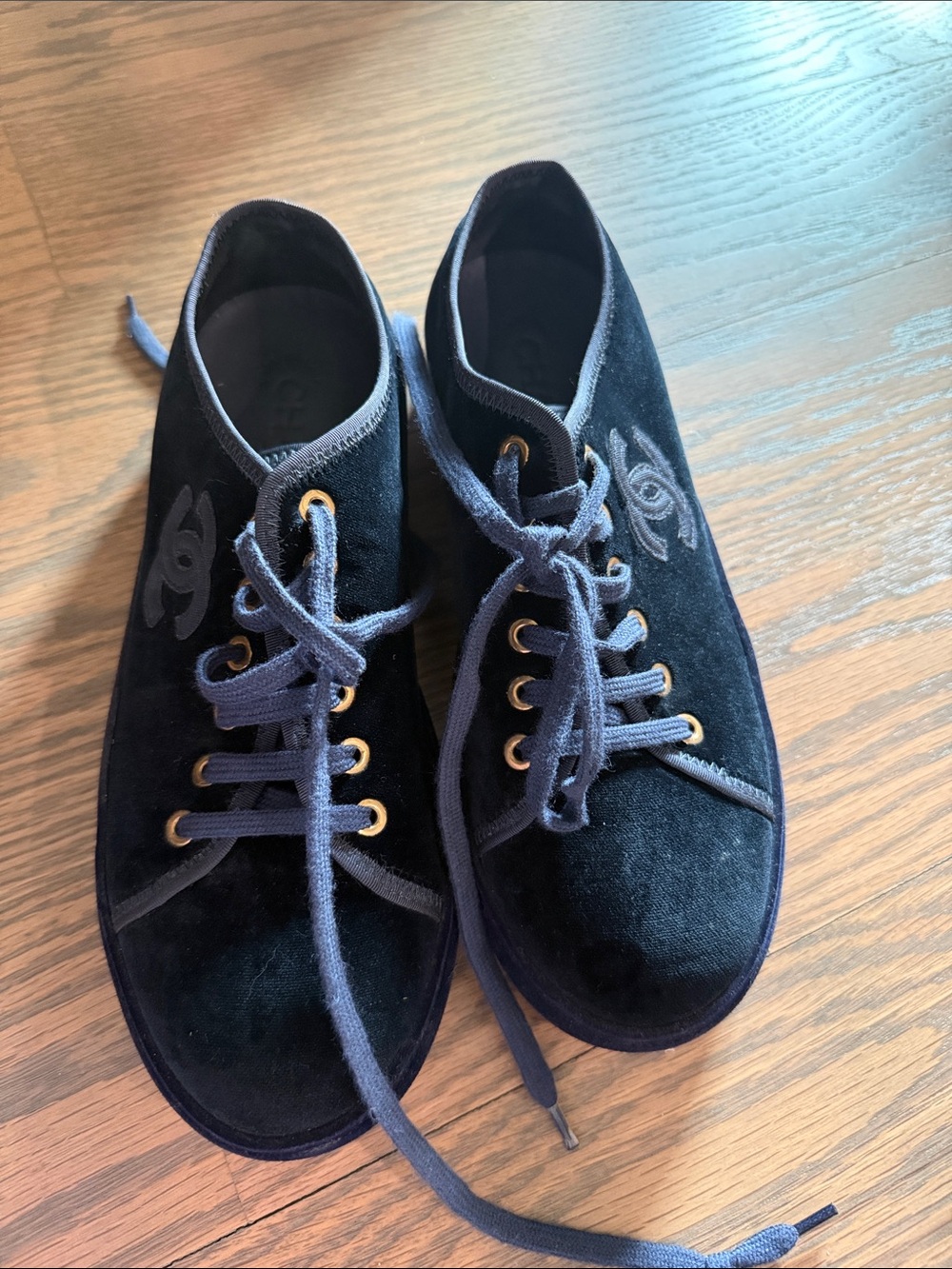 Chanel Blue Velvet Sneakers with Embroidered Logo